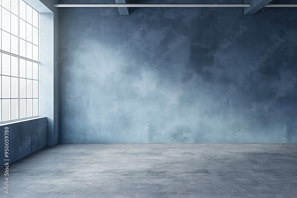 Aufkleber Empty modern room with concrete floor and grey walls. Bright window on left side of space. Clean interior design with blank background for product presentation.