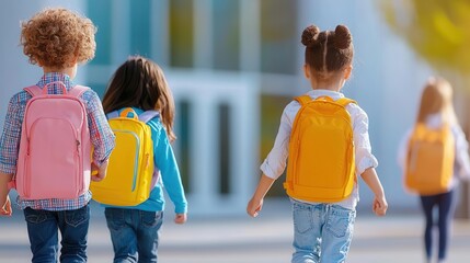 Back view of kids walking to school with backpacks.