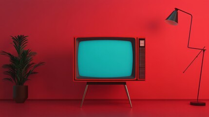Red retro TV in 1980s living room