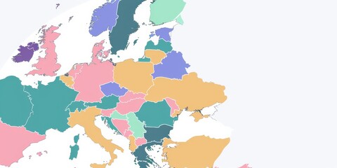 Obraz premium A colorful map of Europe with the countries of the European Union. The map is divided into different colors and each color represents a different country