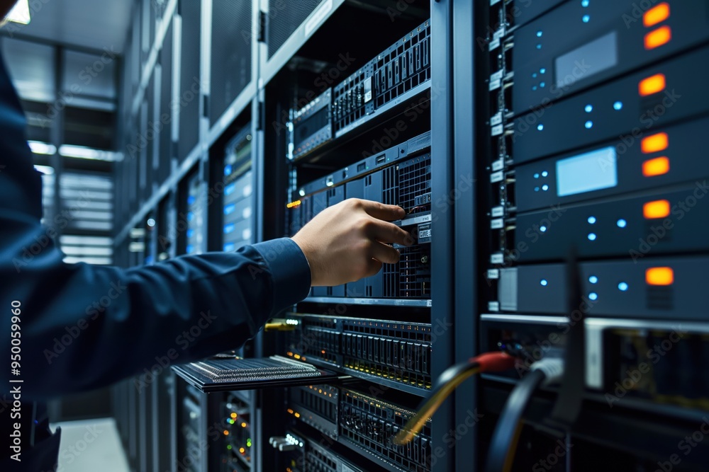 Poster data center room with multiple server racks. it professional interacts with control panel of compute