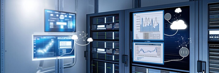 Data center room with servers, networking devices on rack cabinets. KVM monitor displays charts, cloud services icon with connection lines. Cloud computing concept.