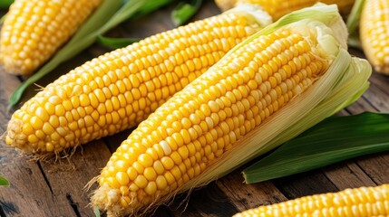 Fresh corn on the cob lying on rustic wooden table