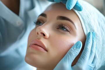 Naklejka premium Beautician examining skin of young woman before cosmetic procedure