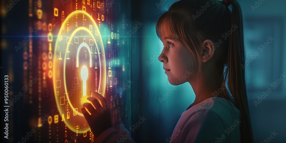 Aufkleber Young girl gazes at glowing digital lock screen with encrypted data in futuristic cyber security concept. Neon lights illuminate password protected network.