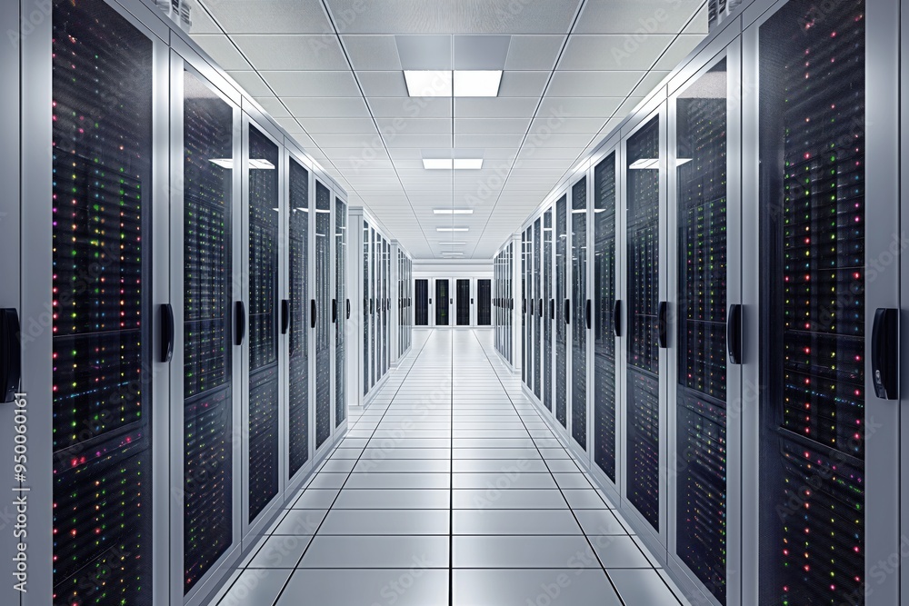 Poster data center with rows of servers in a large room. computers and hardware equipment line the aisles. 