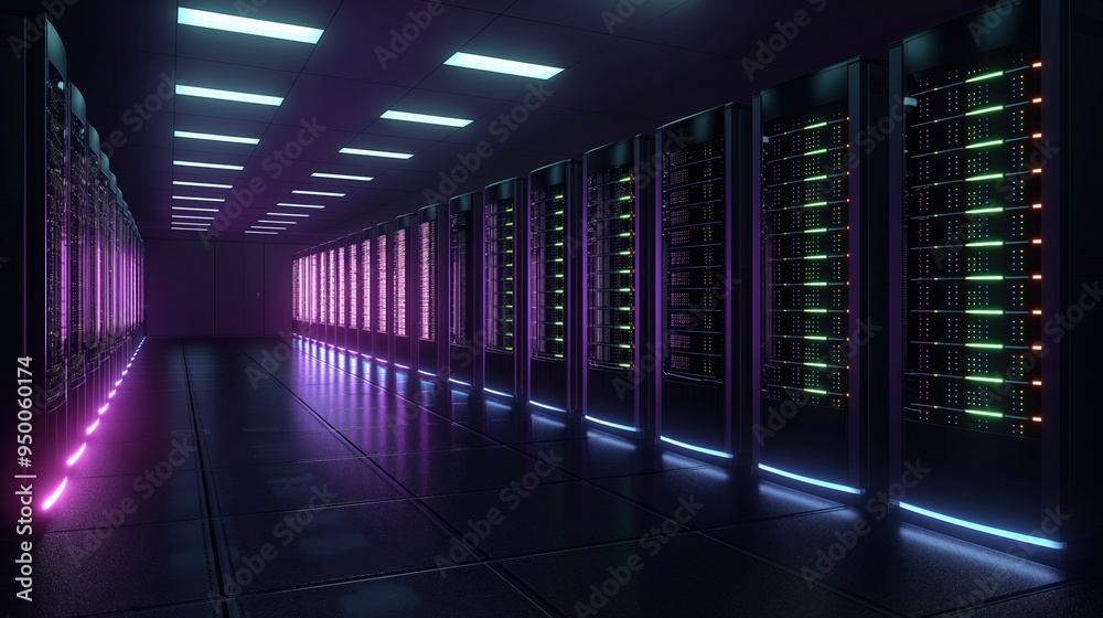Poster dark data center room with rows of glowing servers in a 3d rendering style. glowing computer equipme