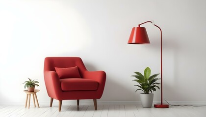 A red armchair with a red lamp and a potted plant in a minimalist living room setting.
