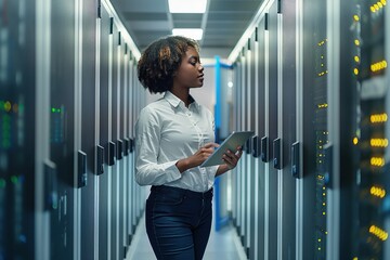 African American woman checks hardware on server racks walking in data center corridor with tablet. Network technician monitoring system performance, database storage, expertly managing electronic