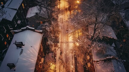 Fototapeta premium Aerial perspective of snow covered sidewalk in consistent lighting, wide shot view