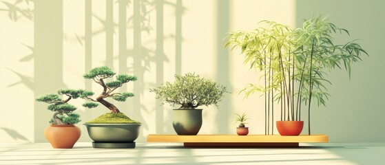 A row of potted plants sit on a wooden table, including a bonsai tree