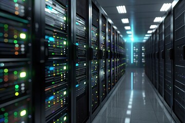 Servers in data center room with high-density storage systems. 3D rendering of computer network infrastructure. Racks with servers, storage devices, and connectivity equipment.