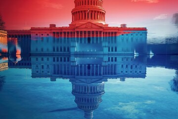 Fototapeta premium U. S. Capitol building reflected in calm water body, divided into red and blue hues, symbolizing balance between opposing forces. Iconic government architecture represents democracy and patriotism.