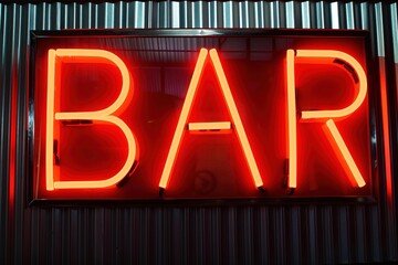 Bright red neon sign of bar word in front of striped metal wall at night. Luminous glowing light from retro style lamp illuminates urban nightlife scene.