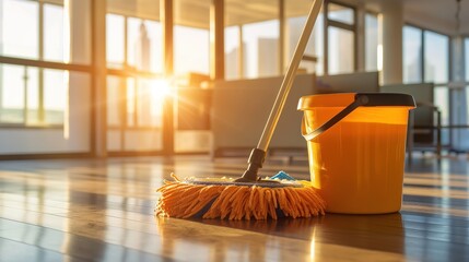 Pro janitorial equipment ready for cleaning task in a sunlit office space. Mop and bucket on wooden floor near a window. Clean and shiny tool for commercial building maintenance.