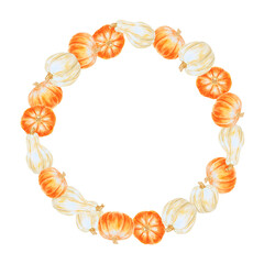 Orange and white pumpkins. Round frame with fall vegetables for banner template with copy space for text Halloween, Thanksgiving, harvest clip art. Hand drawn watercolor rustic isolated illustration