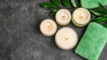Relaxing candles arranged with a green towel and leaves on a dark textured surface, perfect for spa or wellness themes.
