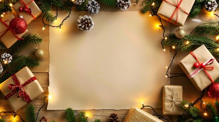 A festive scene with a blank sheet surrounded by gifts and decorations. Warm lights add charm. Ideal for holiday greetings or Christmas invitations. Perfect for personal or commercial use. AI