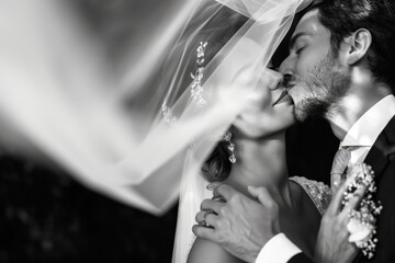 Romantic wedding couple posing in love embrace. Black suit groom kisses bride cheek tenderly. White dress adorned with flower creates intimate atmosphere.