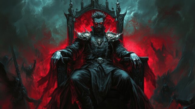 Dark lord sitting on throne ruling his army
