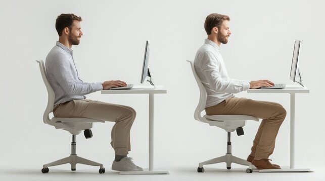 Two businessmen sitting at desk with good and bad posture