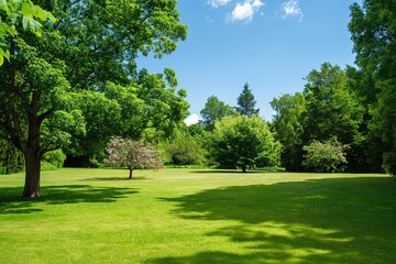 Obraz premium Serene summer scene features green trees, vibrant flowers in well-manicured lawn. Beautiful house stands in background surrounded by peaceful landscape with blue sky above. Garden path leads to cozy