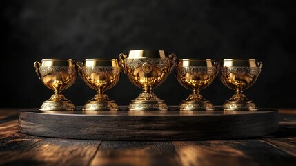 Five ornate golden trophy cups are displayed on a round wooden podium