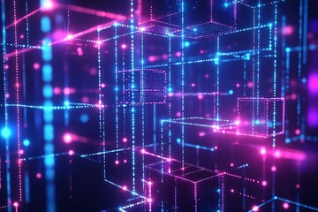 Futuristic digital grid with neon lights in blue and pink, representing technology, data, and cyber connectivity in a virtual network.