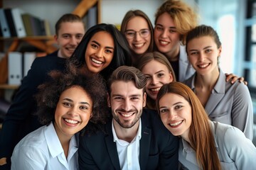 Fototapeta premium Group of business professionals smiling confidently. Colleagues posing together in office. Happy faces looking at the camera. Businesspeople showing teamwork and collaboration.