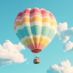 Naklejka premium Vibrant Multi-Colored Balloon Soaring Against Blue Sky, Reflecting Sunlight and Creating