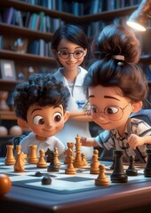 Three cartoon children playing chess in a cozy library.