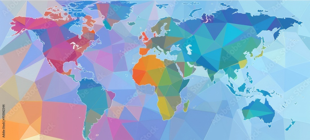 Wall mural a colorful world map with a blue ocean and a white continent. the map is made up of many different c