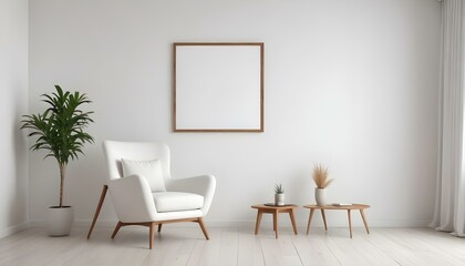A white armchair with wooden legs in a minimalist room with a large empty white frame on the wall.