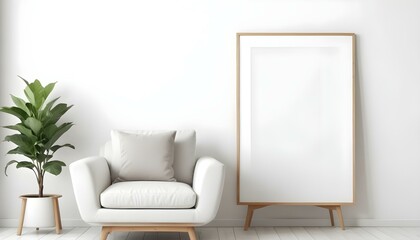 A white armchair with wooden legs in a minimalist room with a large empty white frame on the wall.