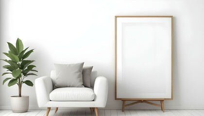 A white armchair with wooden legs in a minimalist room with a large empty white frame on the wall.
