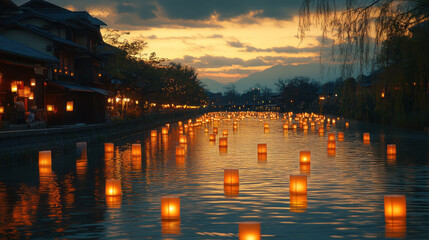 Fototapeta premium Paper lanterns are floated down rivers, creating a magical atmosphere during the Toro Nagashi festival.