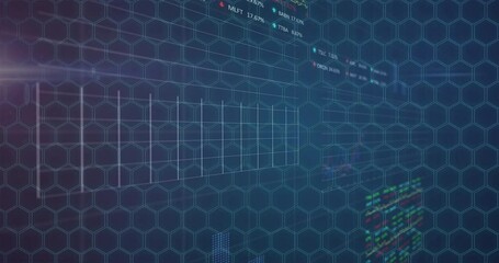 Financial data and stock market analysis animation over hexagonal grid background - Powered by Adobe