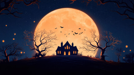Spooky Halloween Night Landscape with Haunted Castle and Silhouettes of Spooky Trees under a Dark Moonlit Sky