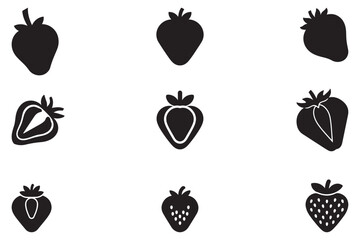 A collection of strawberry silhouettes in various shapes, presented as an isolated vector illustration.