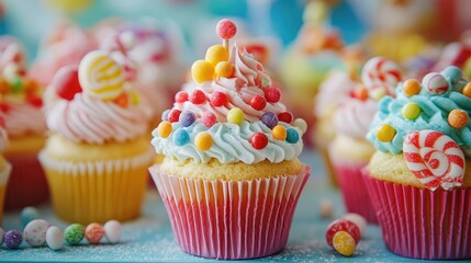 A whimsical cupcake display with colorful frosting and candy toppings, perfect for a carnival theme.