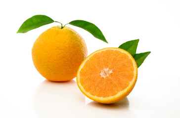 Orange isolate. Orange fruit set on white background. Whole orange fruit with slice.
