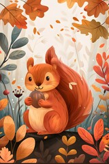 Fototapeta premium Freehand Wilderness: Autumnal Artwork of a Fluffy Squirrel in the Majestic Outdoors