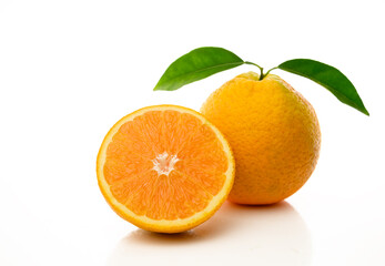 Orange slice isolate. Orange fruit half and slice set on white background.