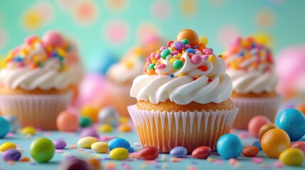 A whimsical scene with cupcakes topped with colorful candy, set on a bright, fun background.