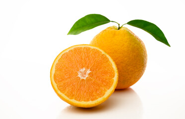 Whole Orange with Leaves on White Background