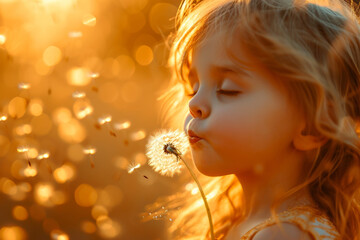 Fototapeta premium Young girl blows dandelion in field, bathed in warm golden sunlight, capturing moment of innocence and joy, little girl portrait evoking feelings of nostalgia and happiness