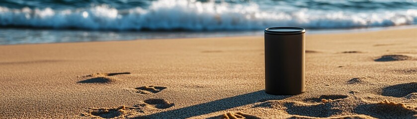 Obraz premium Black Travel Mug on Sandy Beach with Footprints