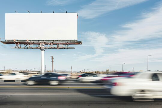 A blank billboard on a busy highway, surrounded by moving cars, ideal for advertising concepts and urban themes.