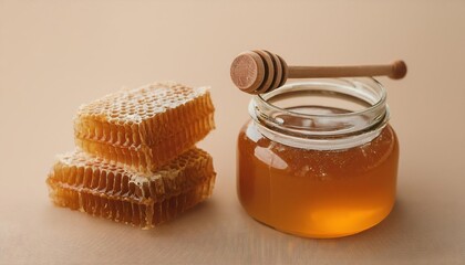 Natural organic honey in glass jar, honey dipper and honeycombs are near. Natural food background