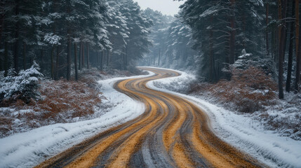Snow-covered roads in pine forests, highlighting the stark contrast of white snow and green pines.